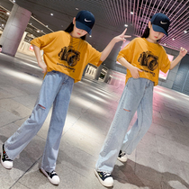 Girl Net red set 2021 new summer Korean version of loose foreign-style big boy fashionable denim wide leg pants two-piece set