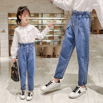Girls jeans 2021 new spring and autumn childrens foreign style flower buds high waist pants in big children loose father pants