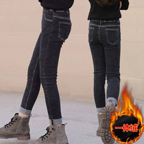 Girls jeans in big children Foreign style slim pants 2021 New Korean autumn and winter children plus velvet pants tide