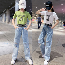 Girls summer dress foreign style suit 2021 summer Korean version of Big Boy fashionable denim wide leg pants two-piece Net red tide