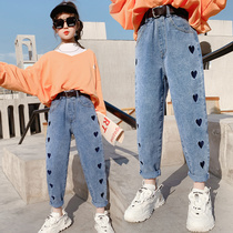 Girls jeans spring and autumn 2021 New Korean version of childrens foreign style father pants in big children fashionable loose pants tide