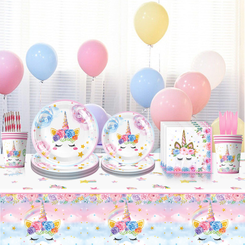 Flower Unicorn Theme Birthday Party Paper Plates, Paper Cups, Tableware, Atmosphere Decoration, Holiday Decorations, Flags, Tablecloths