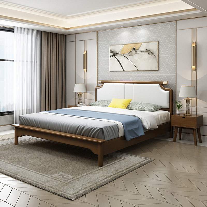 Full solid wood bed Nordic modern minimalist log 1 8 m 1 5 m Double with soft leaning small family type main bedroom wedding bed