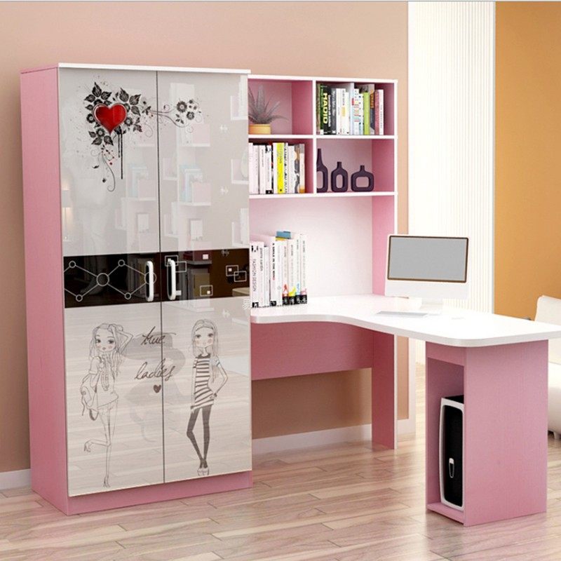 Children Learning Desk Plus Wardrobe Desk Bookshelf Modern Multifunctional Combined Computer Desk Brief Baking Lacquered Wardrobe