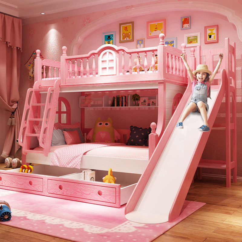 Children Up And Down Bunk Bed Girl Princess Pink Mother-son Solid Wood Provincial Space Furniture Combined Bed Multifunction Suit