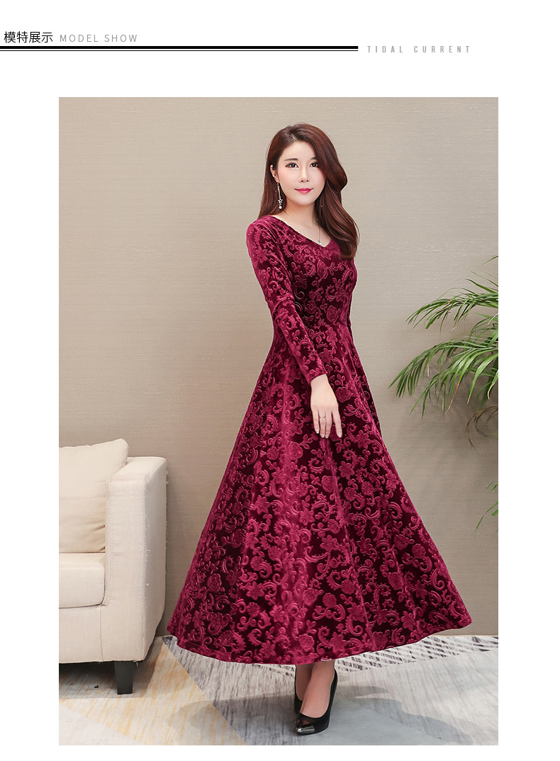 2018 thu đông mới nhung vàng đầm đầm xòe dài tay váy xòe nữ váy đáy váy váy eo cao maxi quỳnh anh