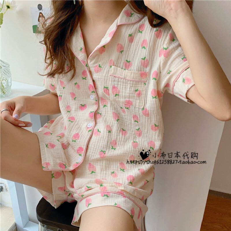 Japan Gelato Summer Sweet Beauty Strawberry Cute Pure Cotton Short Sleeve Casual Pyjamas Printed Home Suit Woman