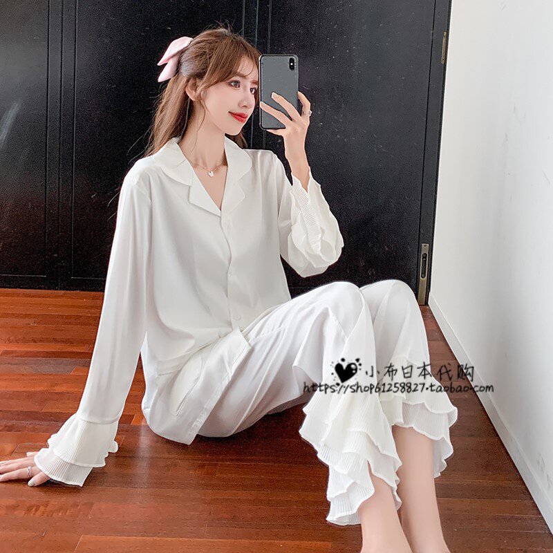 Japanese gelato pajamas women's ice silk skating clothes spring and autumn lace long-sleeved sexy sweet home clothes suit
