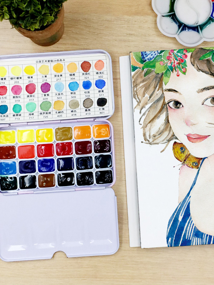Russian White Night solid watercolor 12-color artist solid watercolor paint 24-color student watercolor paint Sonette College-grade solid watercolor Large block full block Portable iron box
