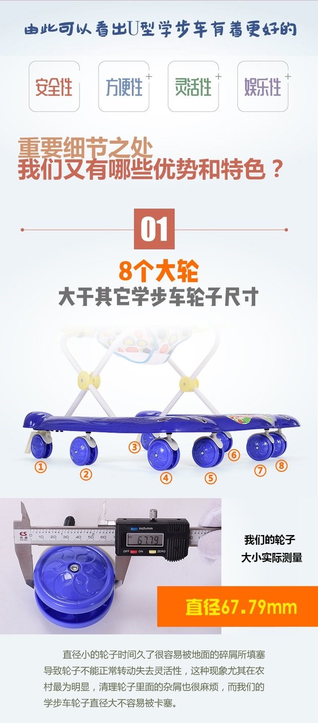 Bé tập đi cho bé tập đi bộ đa năng chống rollover 6 / 7-18 tháng đẩy tay có thể ngồi gấp bé trai, bé gái xe đẩy vovo 2 chiều