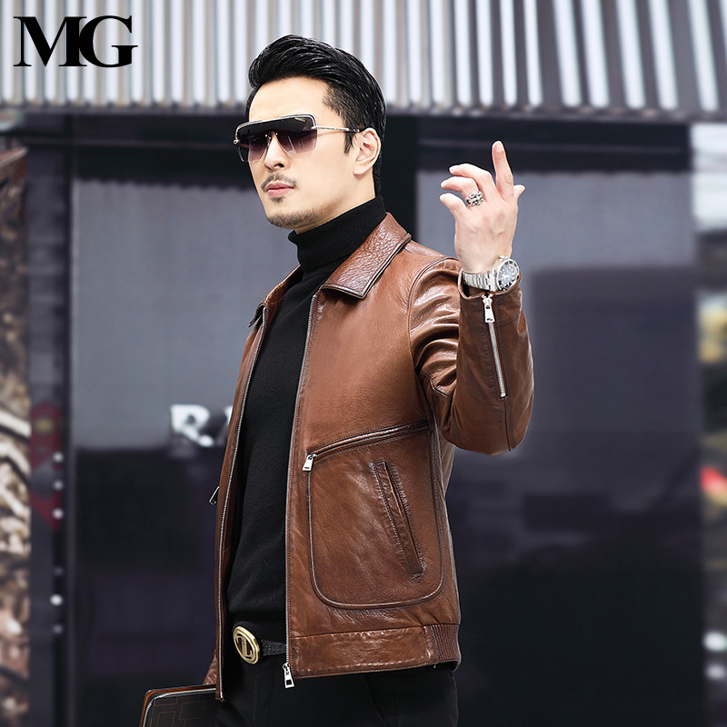 MG leather clothes spring autumn thin section head layer oil wax sheep leather Outer cover male turnover short section of leather jacket for leather locomotive leather