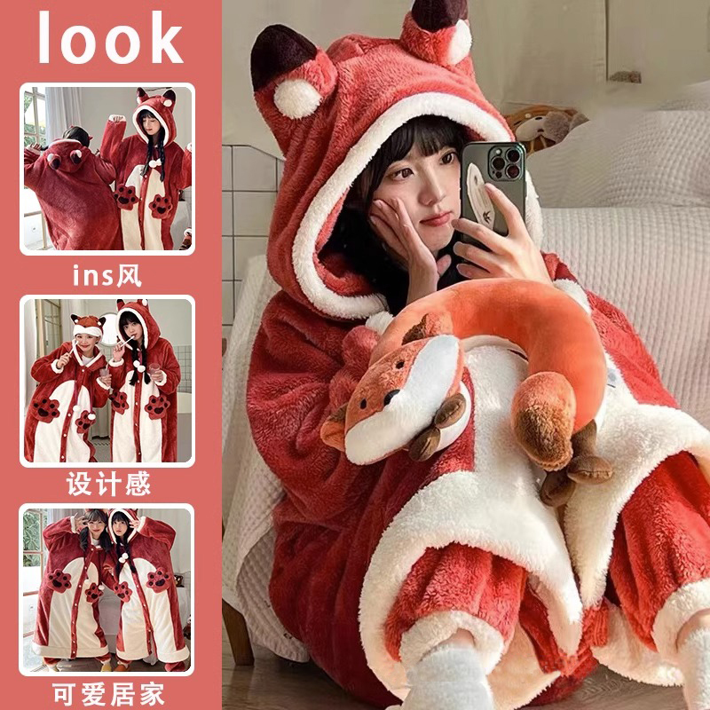 Little Fox Pajamas for Women, Autumn and Winter Coral Velvet, Thickened and Fleece-Lined Bathrobe, Cute Long Bathrobe, Loungewear