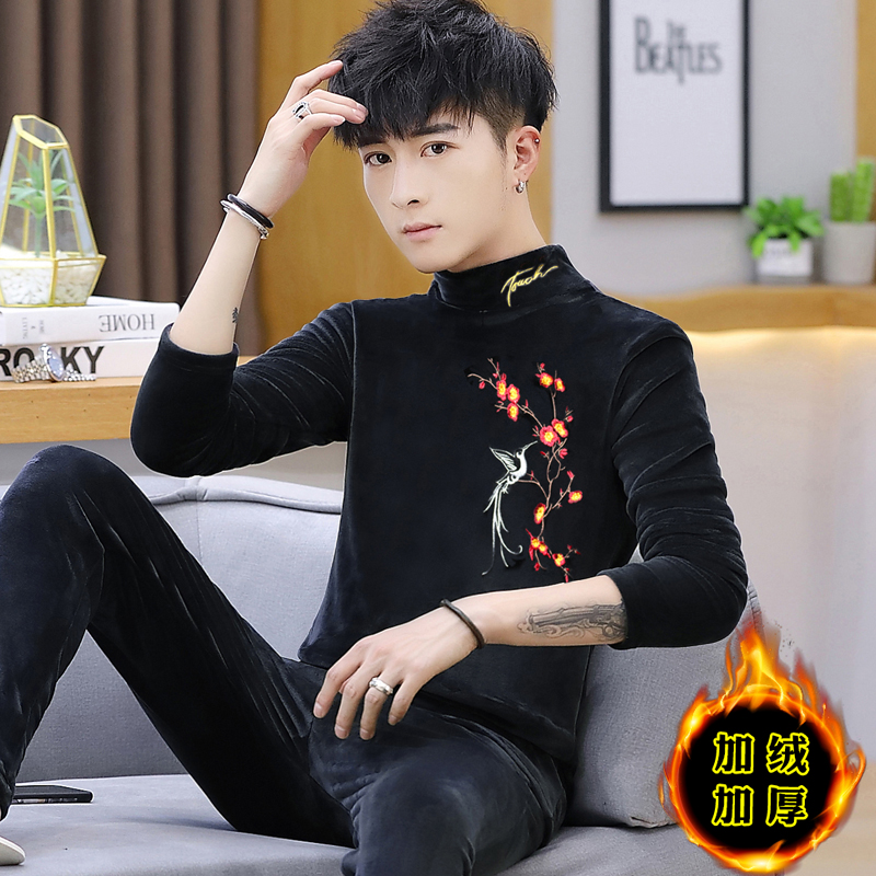 Heating clothes men's winter gush thicken suit teenagers students in high collar gold velvet bottom jersey can be worn out