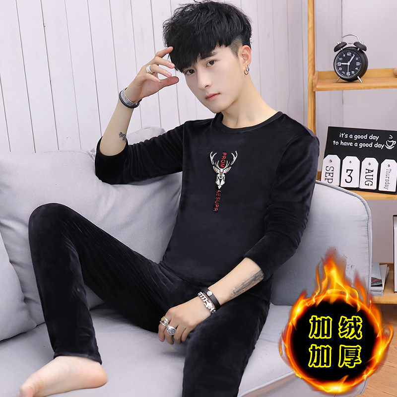 Autumn and winter thermal underwear men's thickened plus velvet suit men's youth gold velvet high round neck bottoming shirt can be worn outside