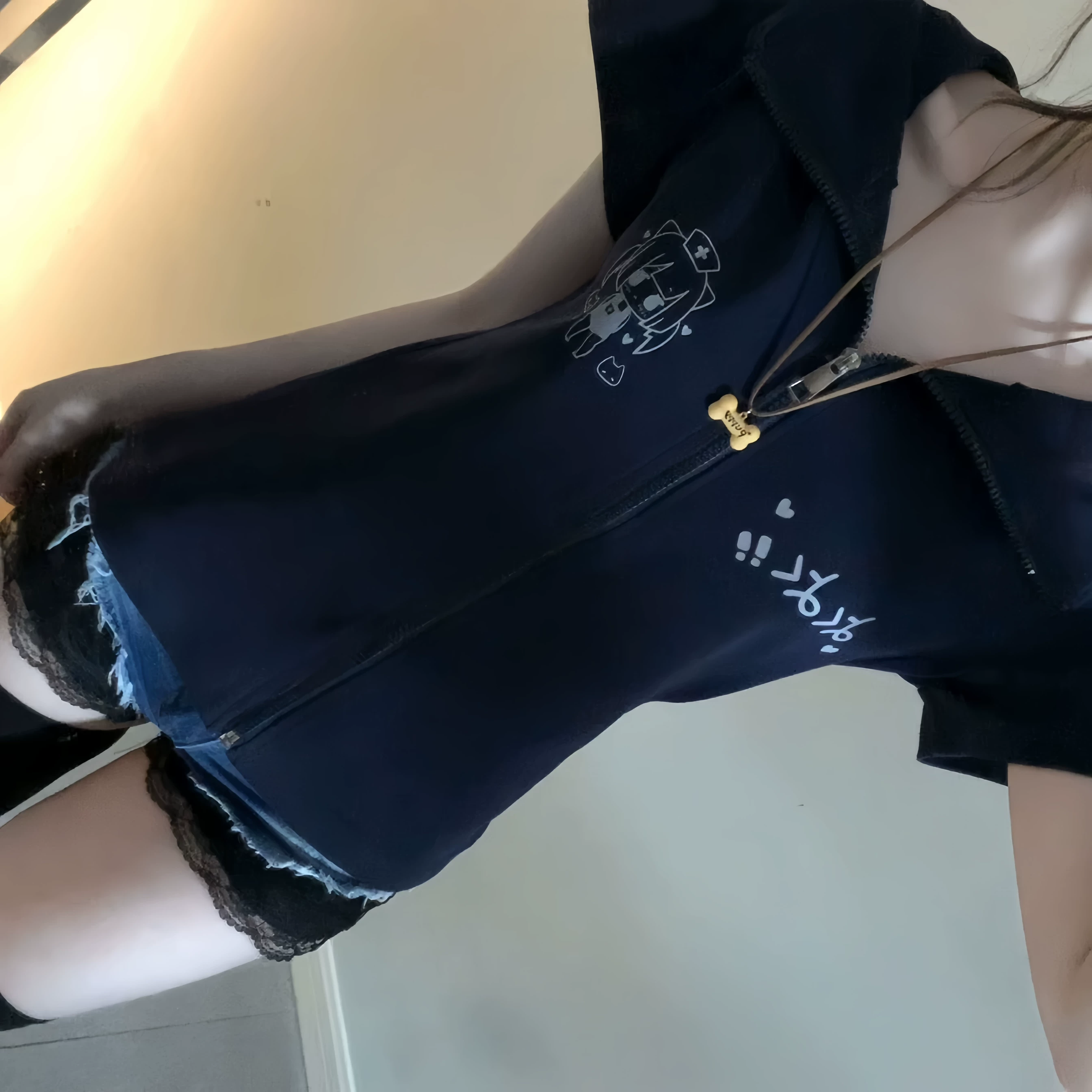 Японская летняя куртка женская slim-fit, короткий рукав, стиль «кошачьи уши», тёмно-синяя