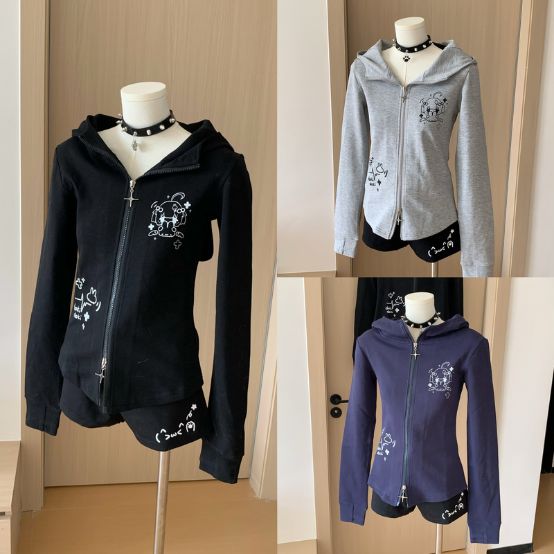 Qiuqiu LAOSHU Japanese-Style Three-Color Bunny Ear Double-Ended Zipper Slim-Fit Long-Sleeve Hooded Jacket