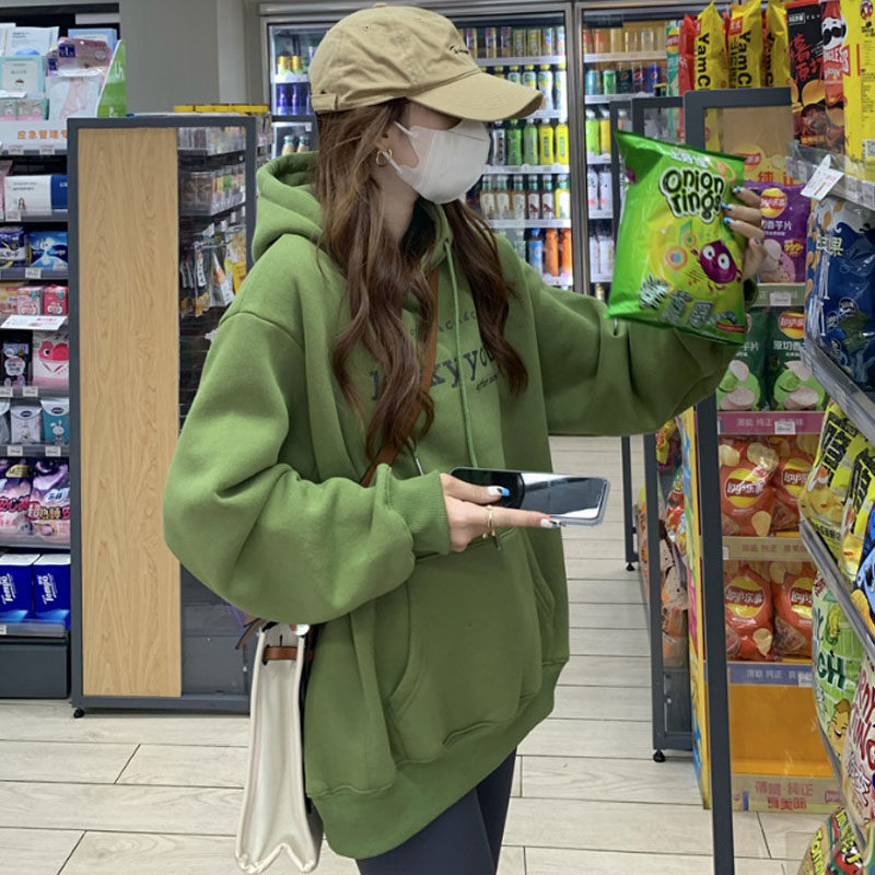 Autumn and winter 2021 new plus velvet padded hooded sweatshirt women loose bf lazy wind letter printed jacket tide