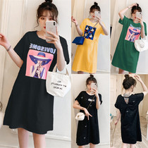  Pregnant womens t-shirt short-sleeved top loose bottoming shirt Female pregnant womens summer dress cartoon T-shirt mid-length spring dress