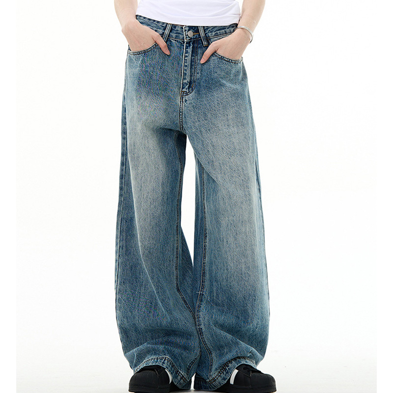 American-Style Cleanfit Loose Wide-Leg Vintage Blue Jeans Unisex Straight-Leg Casual American High Street Pants