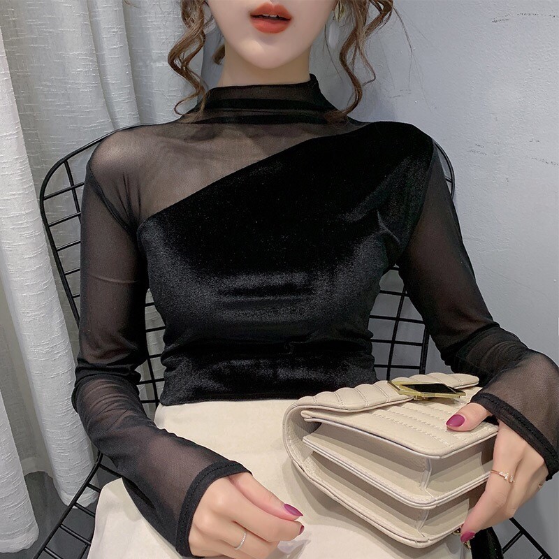 Douyin Ni Zhenmei with the same half-high-neck mesh bottoming shirt feminine temperament autumn stitching with long-sleeved women's self-cultivation Western style