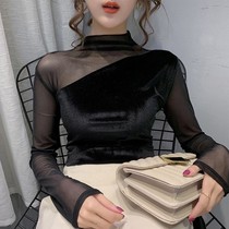 Douyin Ni Zhenmei with half high collar net gauze base shirt female temperament autumn splicing inner long sleeve female slim foreign gas