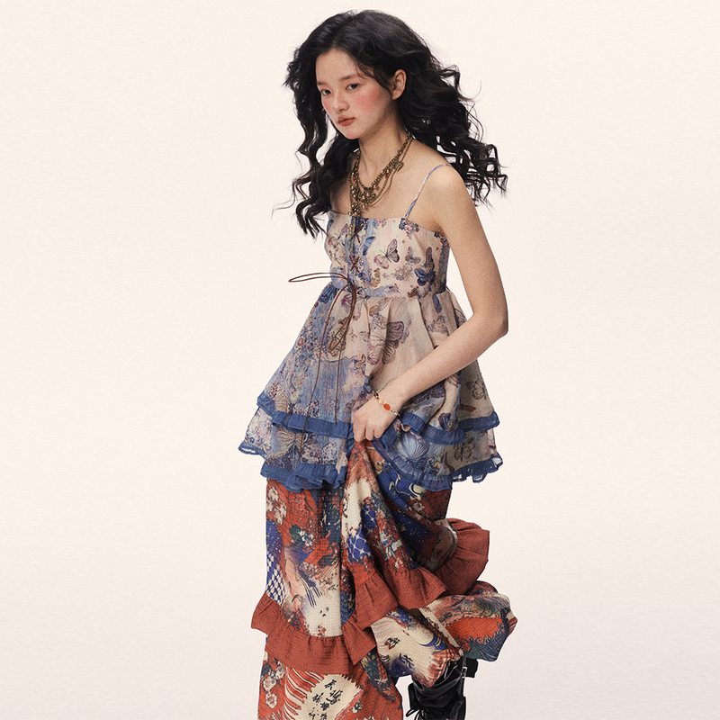 Sevening 【Jialan】 Blue Butterfly Mesh Print Romantic Retro Niche Original Camisole