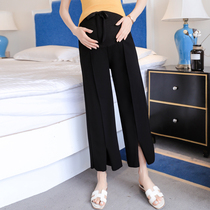 Pregnant womens pants summer new wide-leg pants nine-point pants summer outer wear split straight loose pregnant womens elastic belly pants