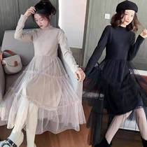 Nursing dress postpartum out maternity dress 2019 autumn and winter clothing season Korean version of the temperament is thin splicing mesh bottoming