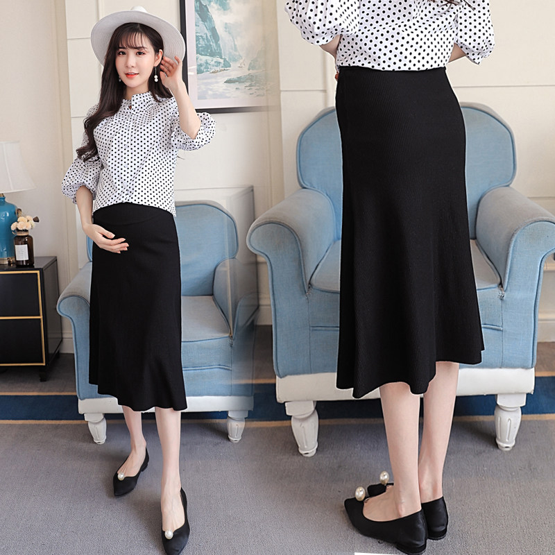 Spring and Autumn Pregnant Women's Knitted Cotton Skirt Dress Fashion Large Size Medium and Long Edition Skirt Wave Dress Tide