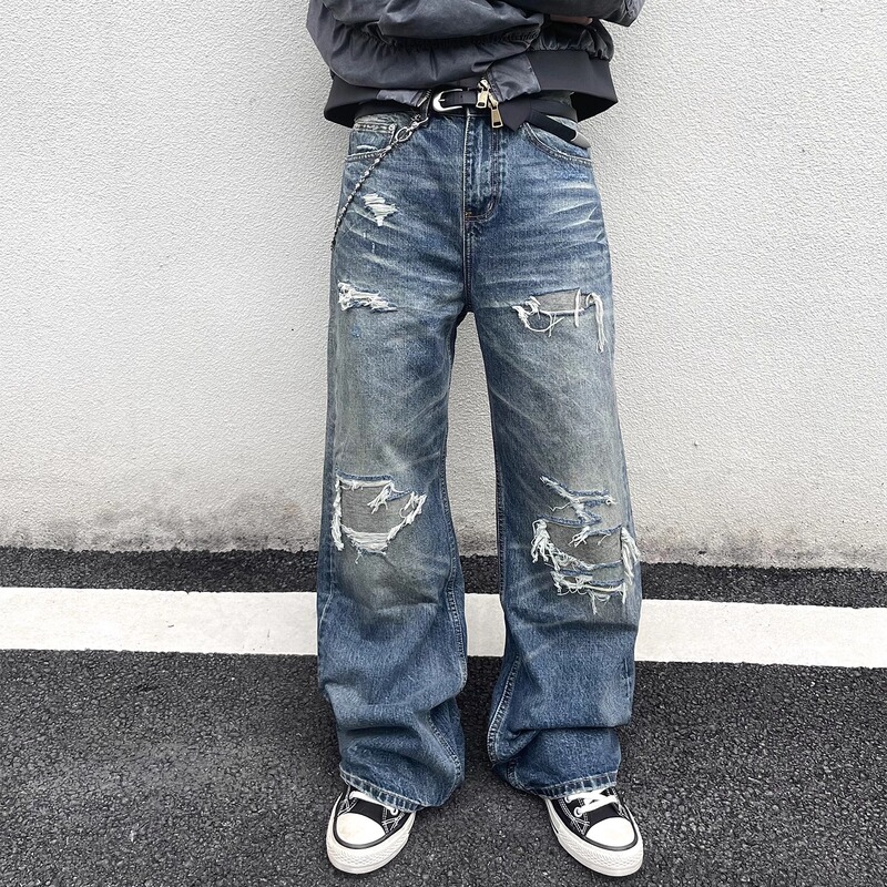 Nietpxfo Washed Distressed Knife-Cut Patch Whiskered Vintage Combat Bull King Loose Straight-Leg Jeans Nietpxfo Washed Distressed Knife-Cut Patch Whiskered Vintage Combat Bull King Loose Straight-Leg Jeans