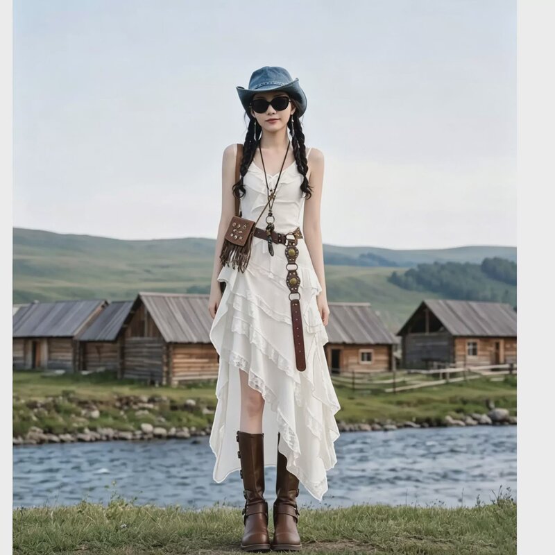 Inner Mongolia Grassland Travel Outfit Bohemian White Suspender Dress 2026 Summer Seaside Vacation Suit Dress