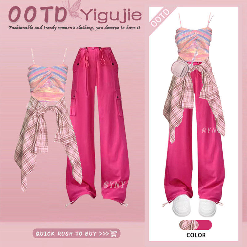 Summer New Arrivals: Youthful Dopamine-Style Rainbow Gradient Vest, Pink Plaid Shirt, and Rose-Red Cargo Pants Three-Piece Set