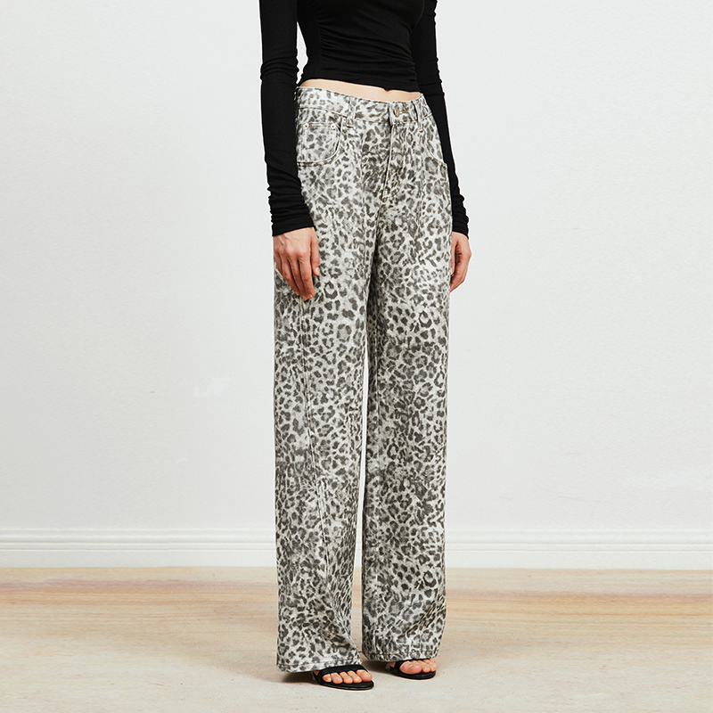 Carolingian High-End Fashion! Long-Staple Cotton Leopard Print Vintage Washed Straight-Leg Jeans for Early Spring