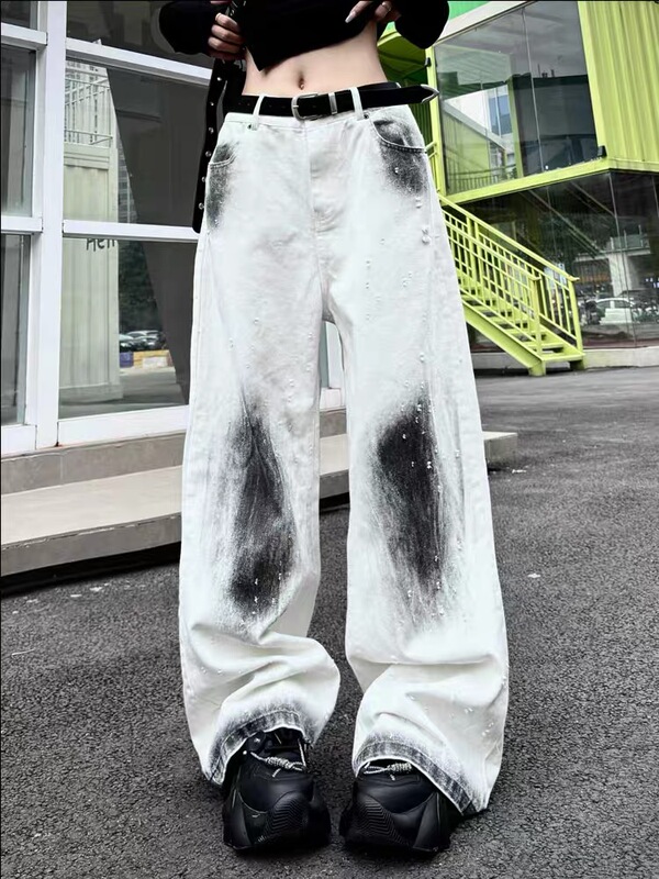 Tie-Dye Graffiti High-Waisted White Jeans for Men and Women, American High Street Hip-Hop Loose Slimming Straight Wide-Leg Pants Tie-Dye Graffiti High-Waisted White Jeans for Men and Women, American High Street Hip-Hop Loose Slimming Straight Wide-Leg Pants