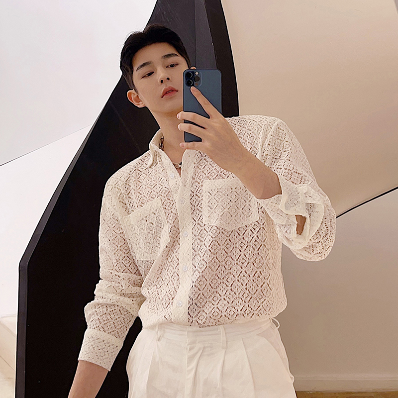 Spring and Summer Niche Sexy Semi-Transparent Lace Shirt for Men, Fashionable and Trendy, Unique Hollow-Out Thin Sun-Protective Shirt, Cool and Handsome