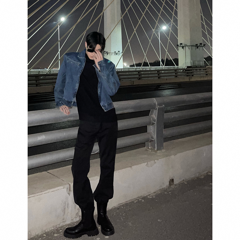 Spring and Autumn Korean Style Trendy Washed Shoulder-Padded Retro Cool Lapel High-End Denim Short Loose Jacket Spring and Autumn Korean Style Trendy Washed Shoulder-Padded Retro Cool Lapel High-End Denim Short Loose Jacket