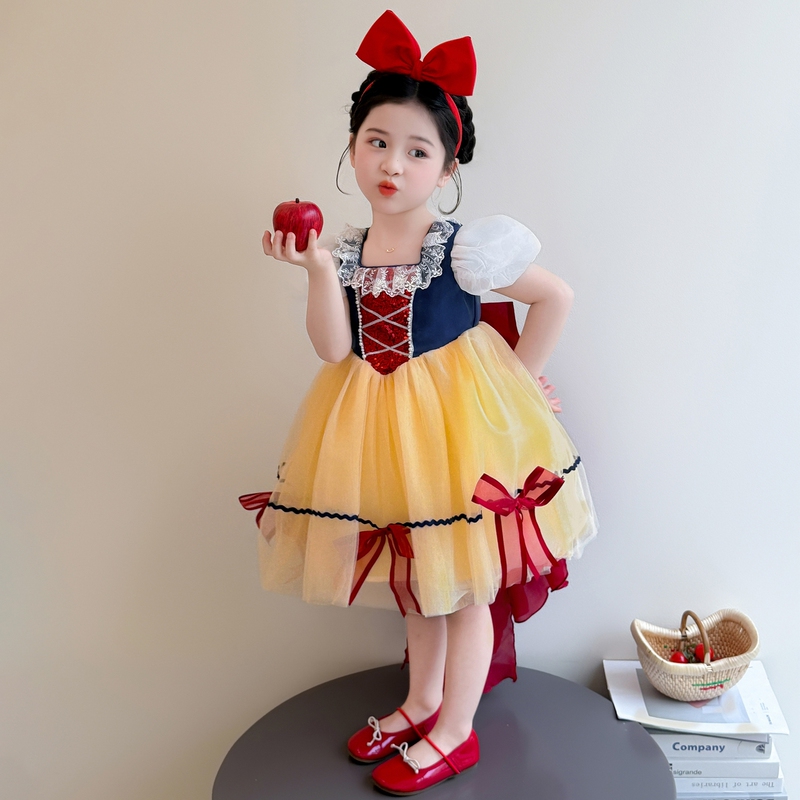 Girls' Sweet Snow White Princess Dress 2026 Summer Stylish Little Girl's Performance Outfit Birthday Dress