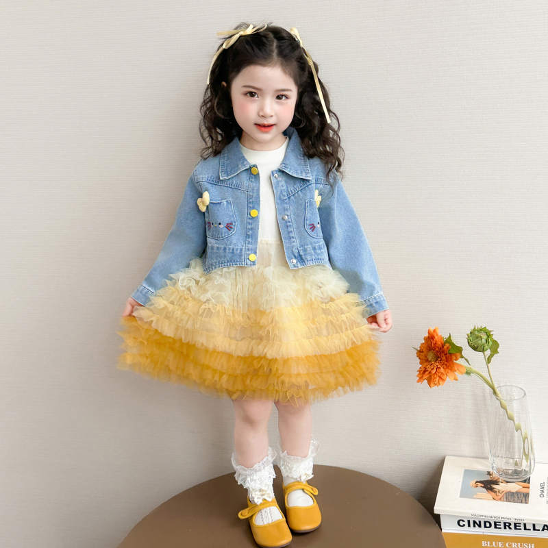 Girls' Cartoon Cat Denim Gauze Skirt Two-Piece Set 2026 Spring New Style Sweet and Stylish Dress Set for Girls