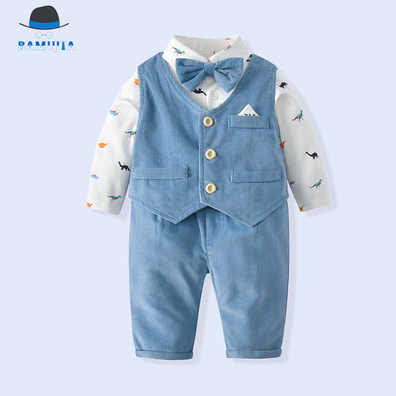 2020 New Pure Cotton Boy Beauty Baby Costume Small Moon Suite Gentleman Blue Set