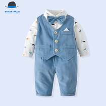 2020 New Pure Cotton Boy Beauty Baby Costume Small Moon Suite Gentleman Blue Set