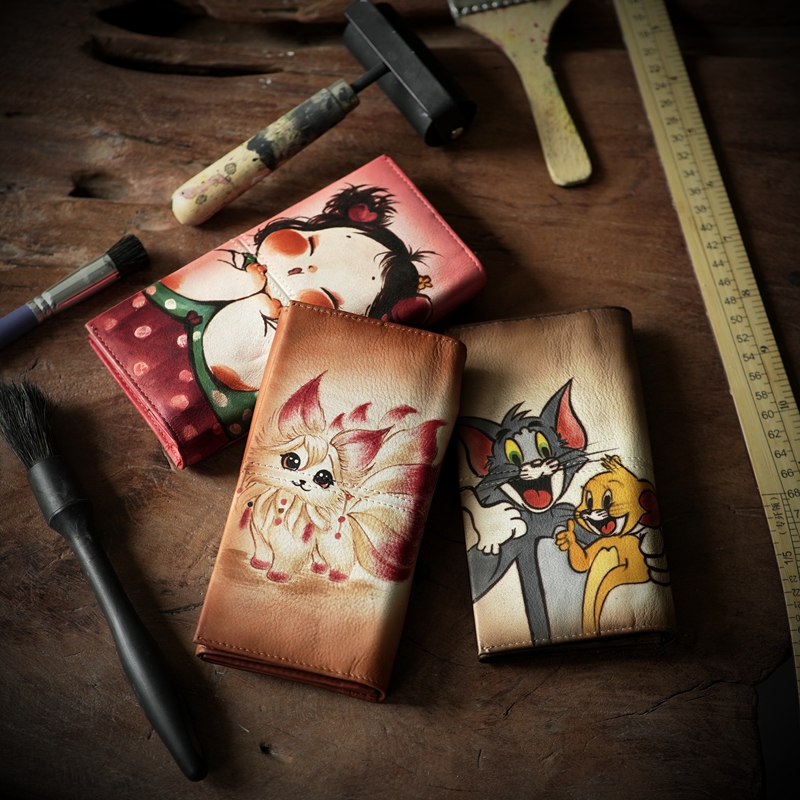 First-Layer Cowhide Hand-Painted Long Wallet, Cartoon-Style Genuine Leather Wallet, Simple Zipper