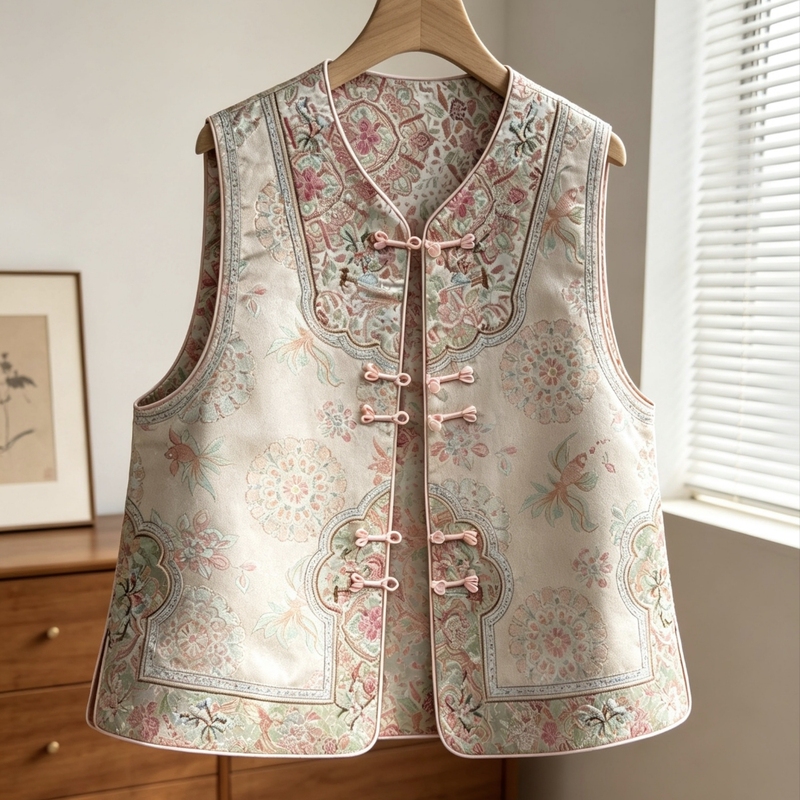 New Chinese-Style Heavy Embroidery Color-Blocking Age-Reducing Vest for Women, 2026 Autumn New Product, Elegant Waistcoat with Button Closure