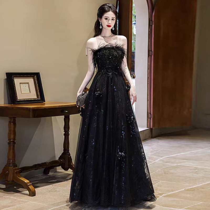Black Strapless Evening Dress, Host's Light Luxury Niche Coming-Of-Age Dress, High-End Elegant Performance Outfit