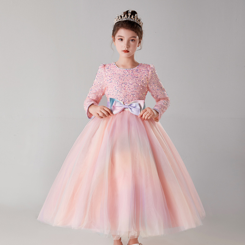 Girl Wear Dress Long Sleeve Gradient Skirt Hem Princess Nepotism Dress Fluffy Dress Christmas Chair Shows Sweet and Long Dresses-Taobao