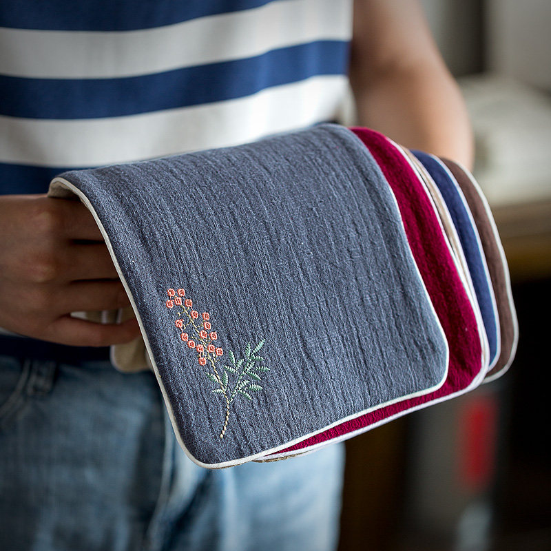 Zen Suya cotton and linen embroidery thick tea towel dry bubble tea mat tea cloth double-layer cotton kung fu tea ceremony accessories