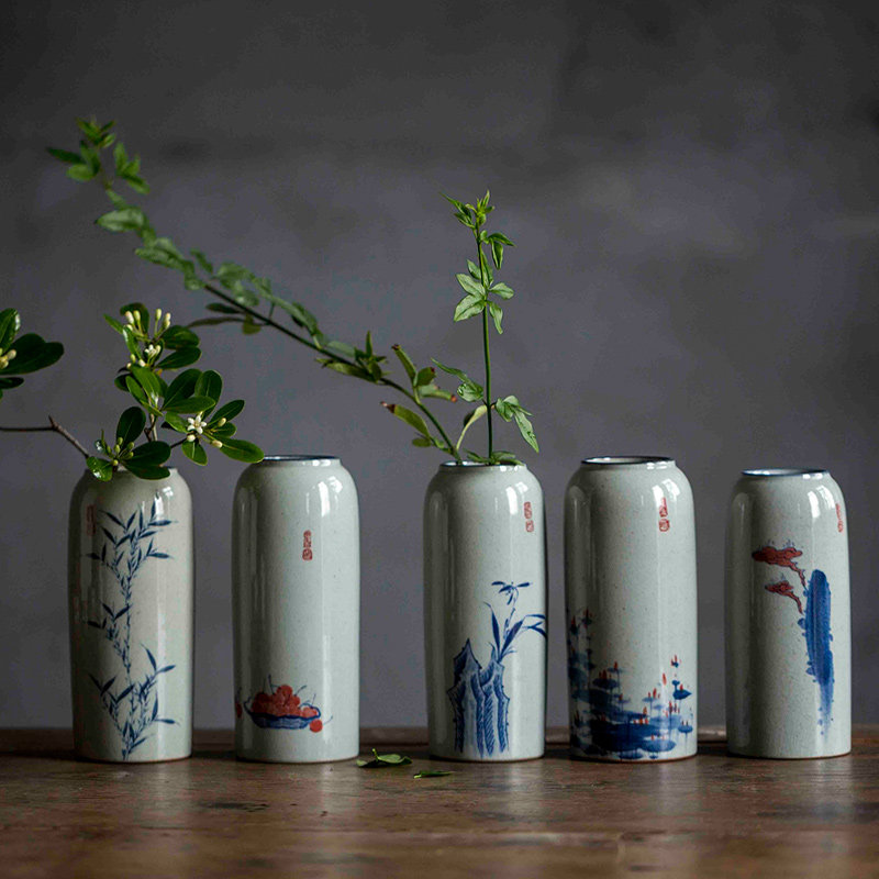 Jingdezhen hand-painted retro ancient green flower ceramic vase Chinese coarse pottery flower ware tea walk with folk characteristics