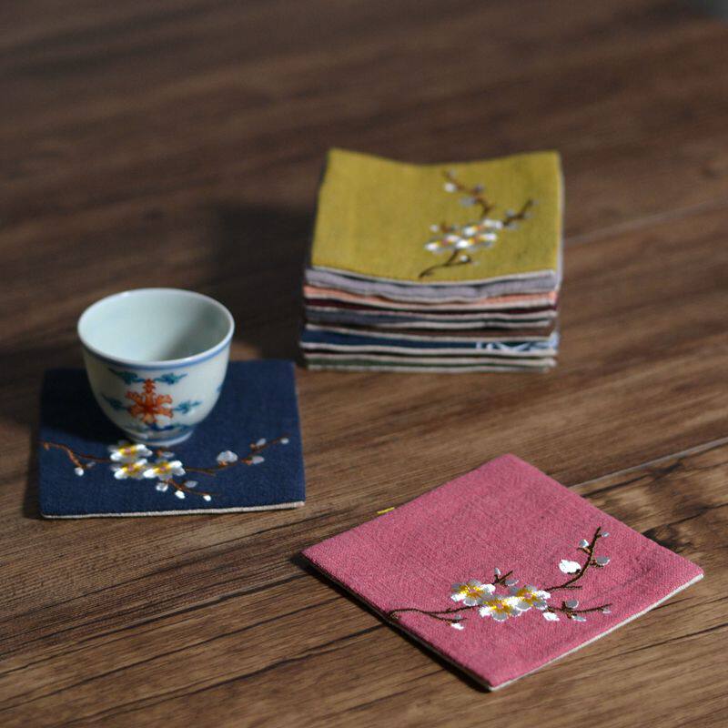 Minimalist cotton linen embroidered plum cup cushion hand-painted seawater textured tea-debatable tea-set tea-way accessories