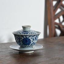 Jingdezhen hand-painted antique blue and white twigs cover Bowl coarse pottery underglaze tea bowl kung fu tea set