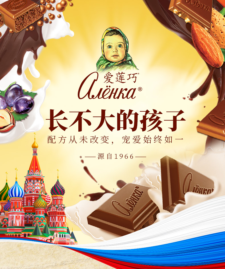 俄罗斯进口 爱莲巧 大头娃娃 牛奶榛子巧克力 200g*4块 图1
