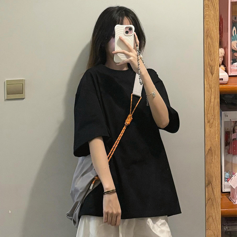 Summer Heavyweight Black Short-Sleeve T-Shirt for Women, Premium Xinjiang Cotton Top, Pure Cotton, Thick, Loose, Drop Shoulder, 260g, Solid Color